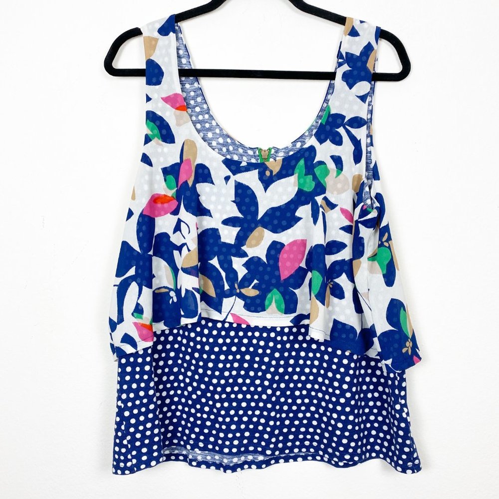 Anthropologie White Navy Blue Floral & Polka Dot Tank Top
